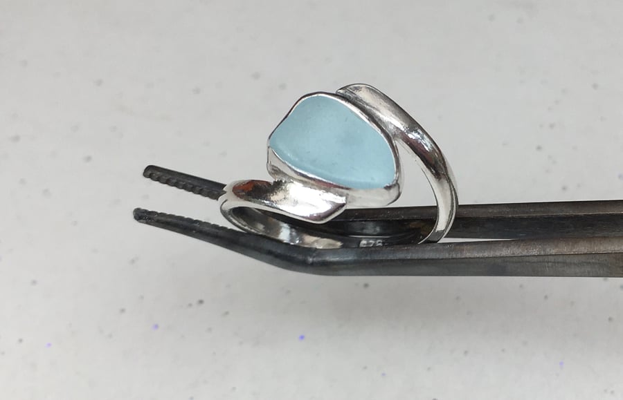 Welsh Handmade Sea-Foam Blue Sea Glass & Silver Ring Size O