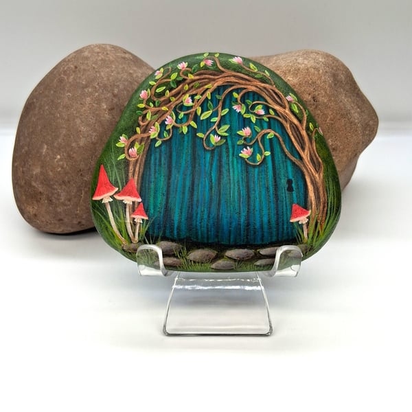 Blue Fairy Door Hand Painted Rock Art