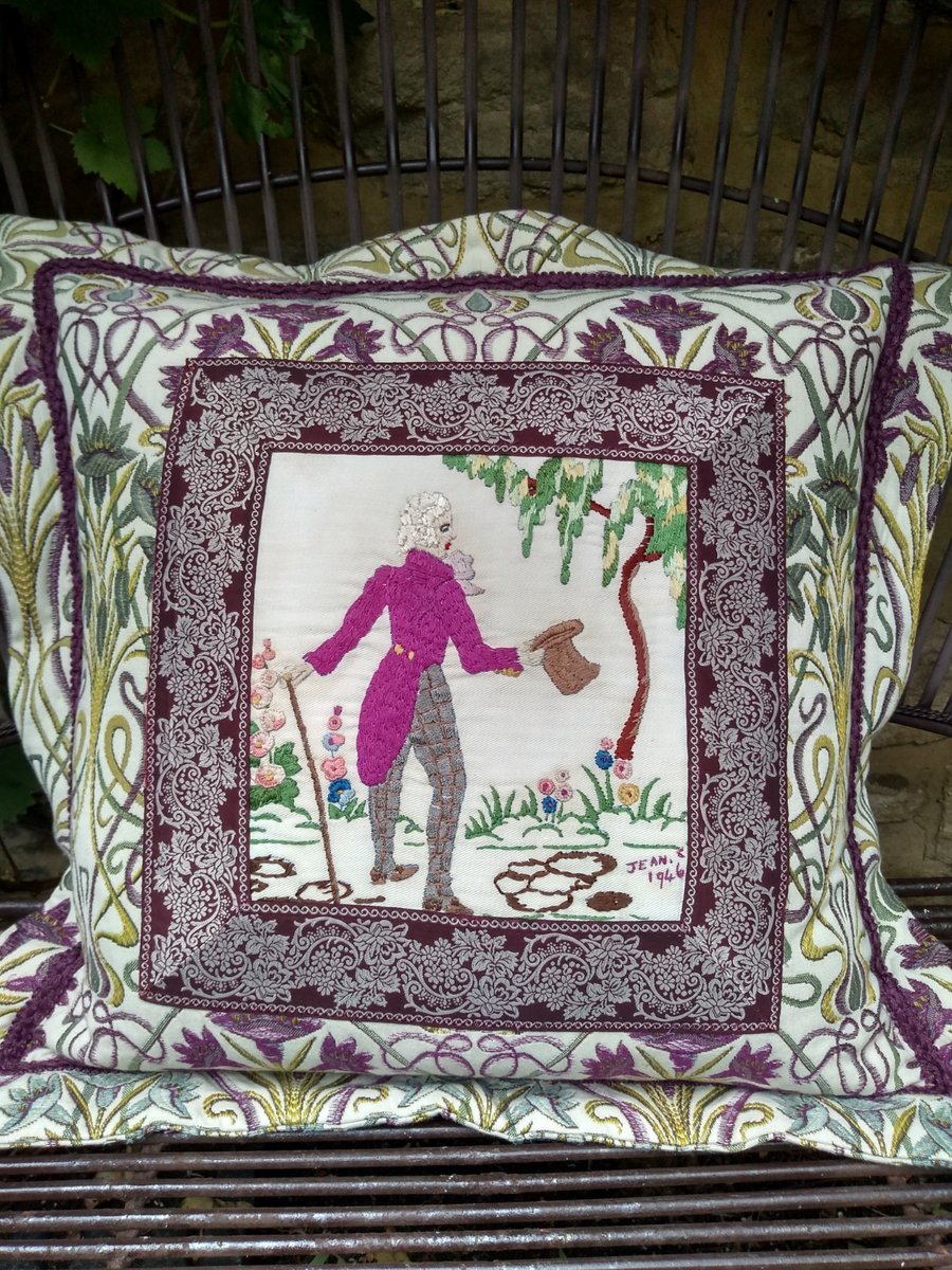 Vintage Embroidery Cushion - The Courting Gentleman