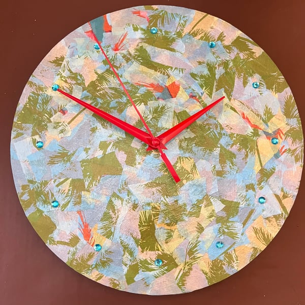 Decoupage Clock - red and green leaf style pattern
