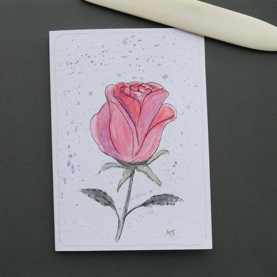 Rosebud Greetings Card with Envelope - Hand Painted Blank Card