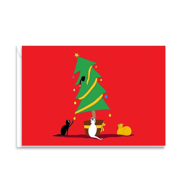 Funny Cat Christmas Card & Envelope: Festive Kittens First Xmas Tree