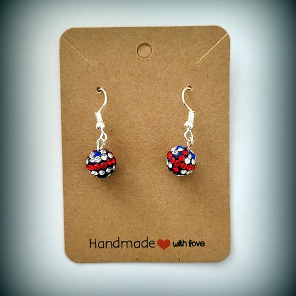 Red, White & Blue Crystal Bead Earrings, Silver Plated Hooks, Pillow Gift Box