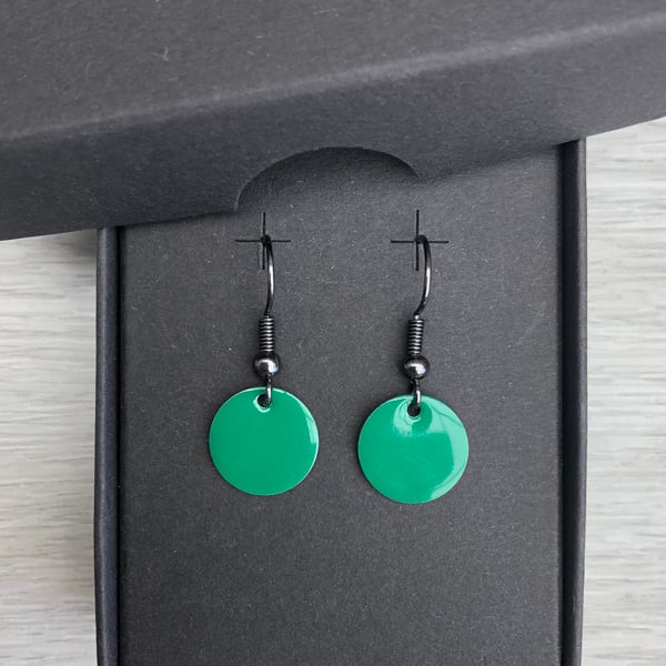 Green enamel drop earrings. Sterling silver upgrade available. 
