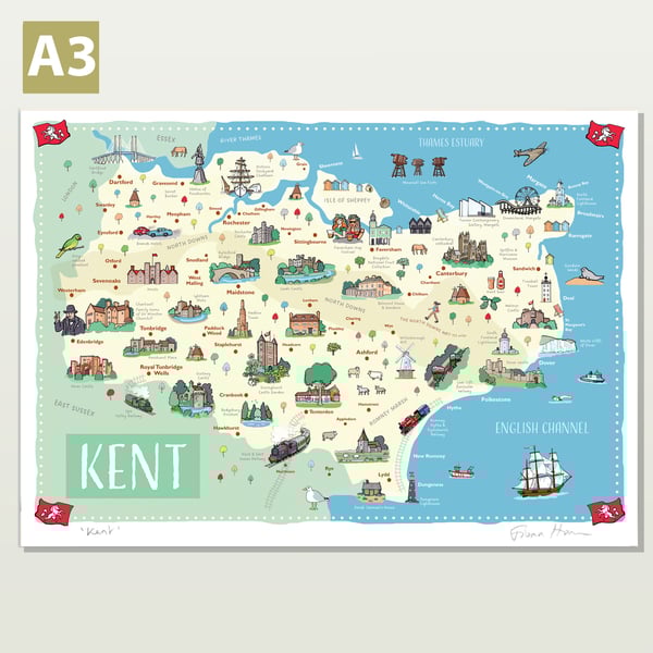 Kent map A3 illustrated poster