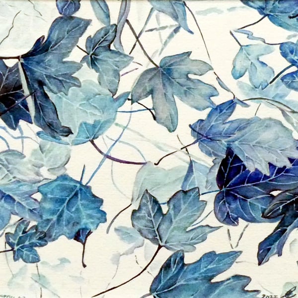 Autumn Leaves Blue Monchrome Original Watercolour Painting
