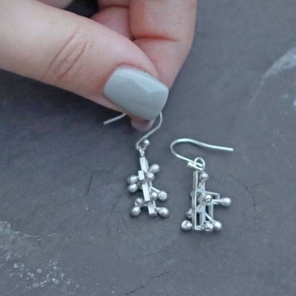 Small dangly earrings, kinetic drop earrings silver, style 1.