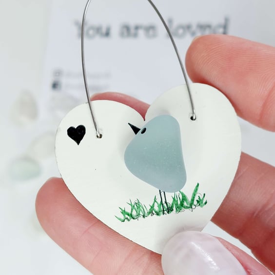 Sea Glass Bird Hanging Heart Decoration - Beach Glass Bird - Wooden Gift Tag