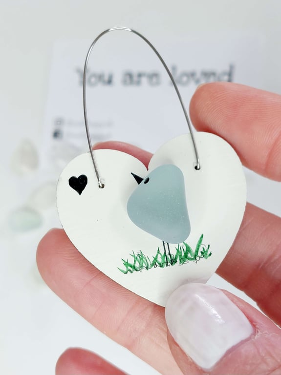 Sea Glass Bird Hanging Heart Decoration - Beach Glass Bird - Wooden Gift Tag