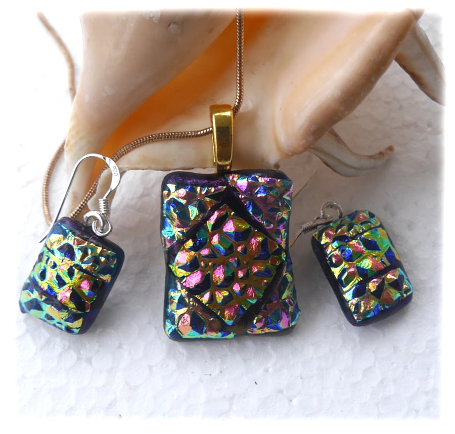 Dichroic Glass Pendant Earring Set 103 Pink Sparkles with gold plated chain