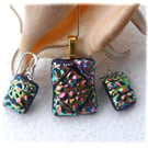Dichroic Glass Pendant Earring Set 103 Pink Sparkles with gold plated chain