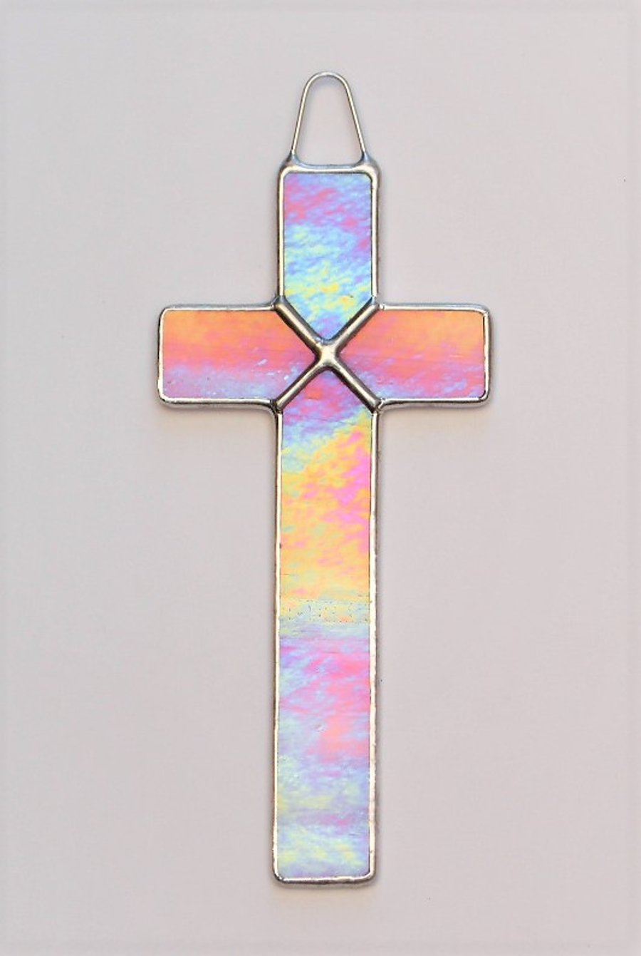 Stained Glass (Cross) in pink and white iridescent glass