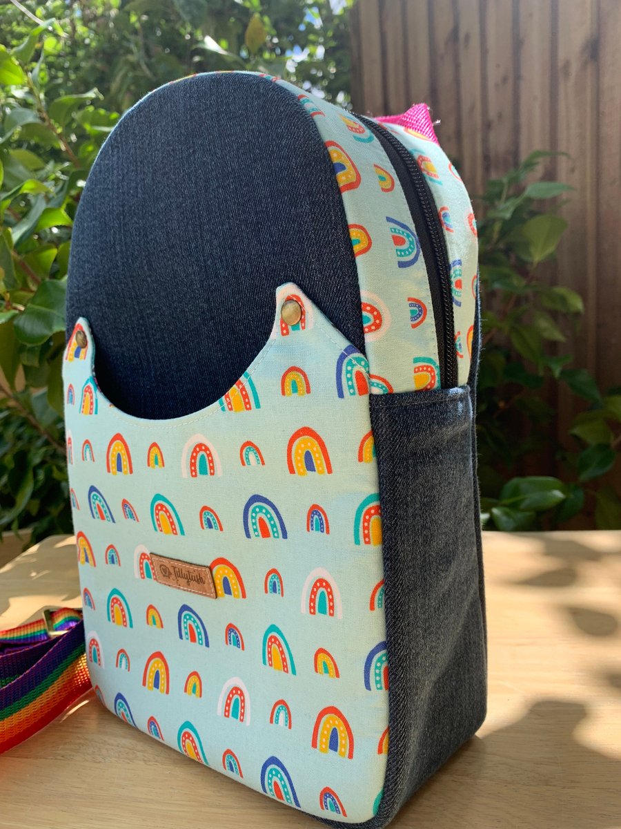 Rainbow denim sling bag