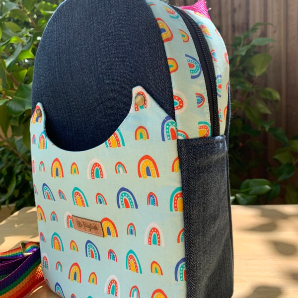 Rainbow denim sling bag