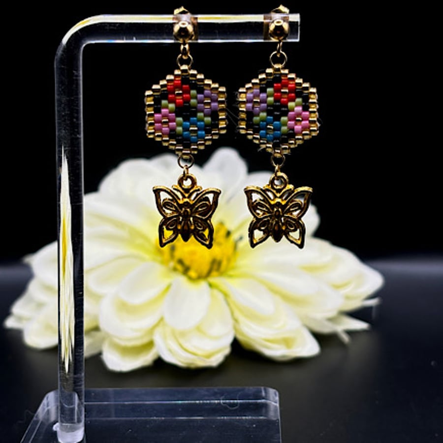 Floral Beaded Summer Earrings with Butterfly Charm - Handmade.
