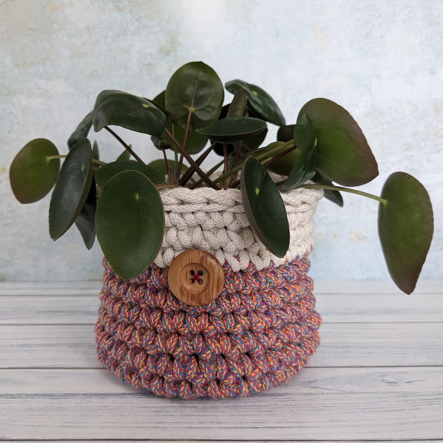 Crochet container, home decor, plant pot cover, new home gift, recycled