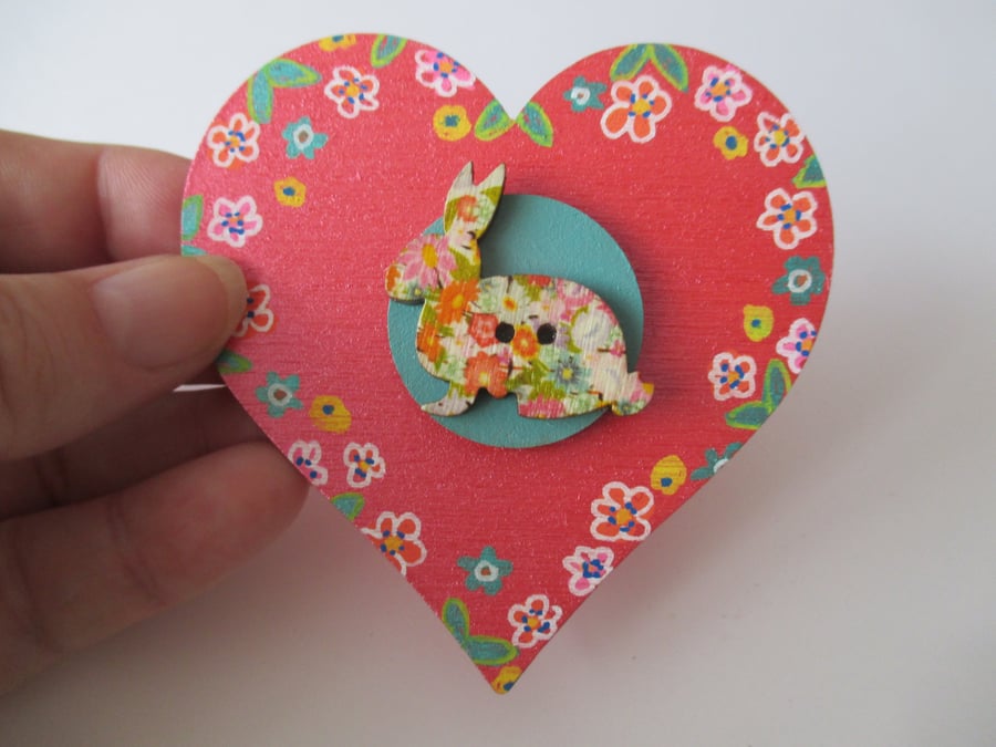 SALE Bunny Rabbit Magnet Hand Painted Wooden Heart Animal Bunny Button Flowers