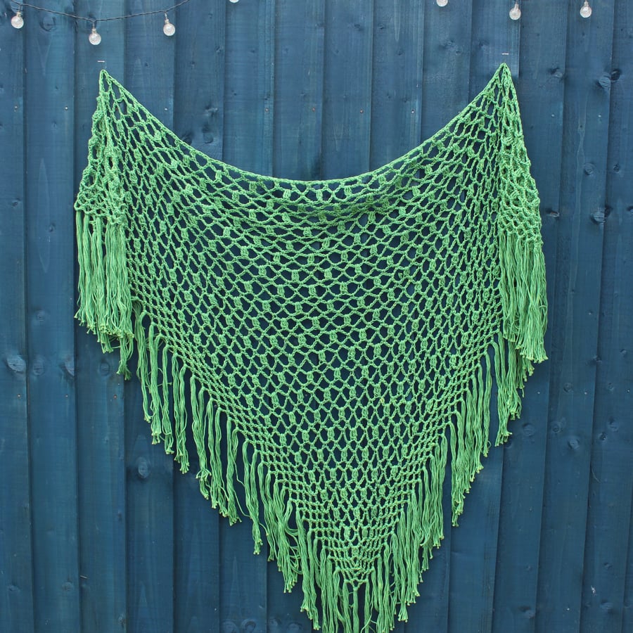 Fringed triangular green crochet lace shawl 100% Cotton - design A444