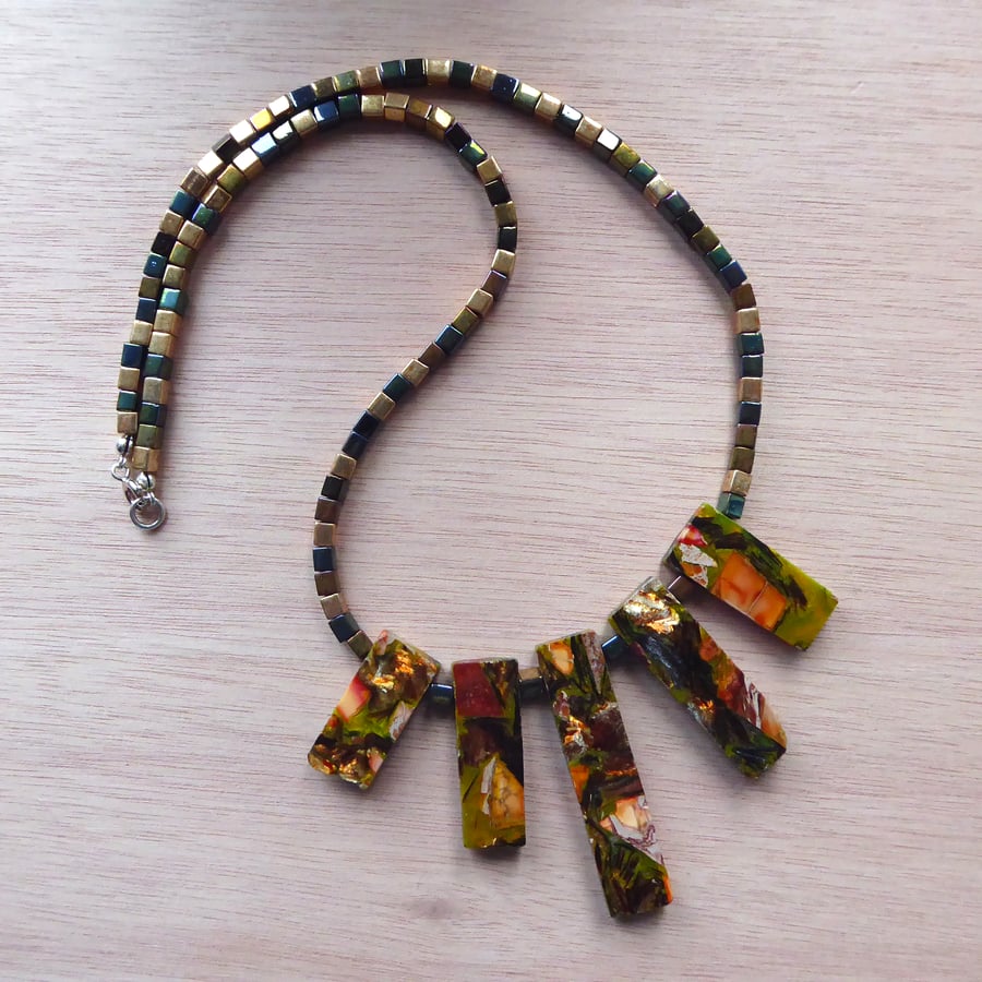 Multi coloured Gemstone and bead Necklace (Orange & Green)