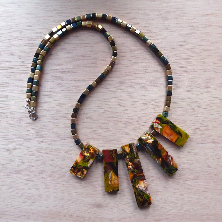 Multi coloured Gemstone and bead Necklace (Orange & Green)