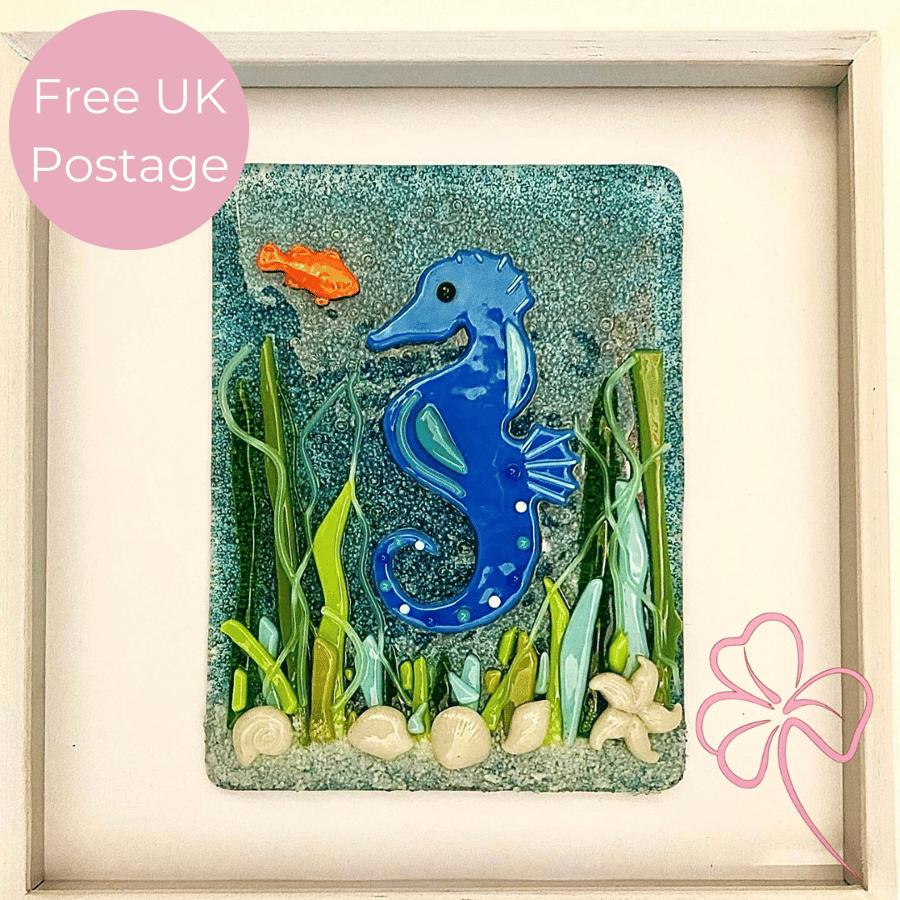 Framed Fused Glass Seahorse Scene – Underwater Ocean Art in Box Frame 