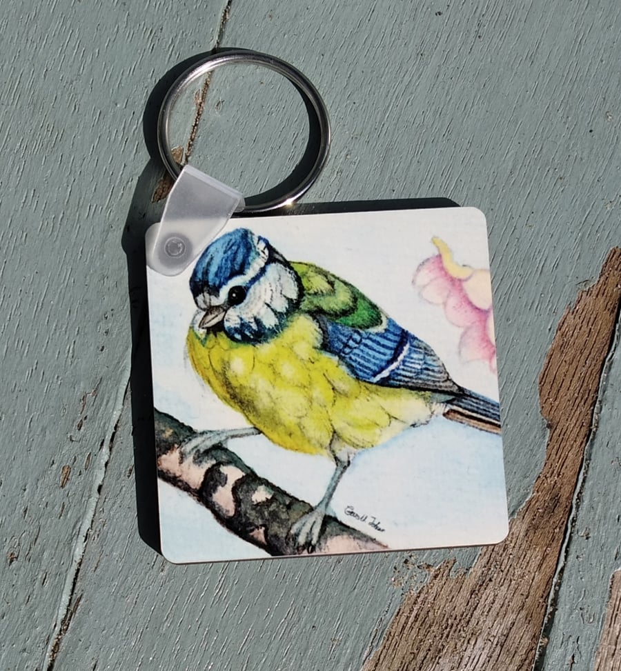 Blue-tit watercolour keyring, gifts for bird lovers, stocking fillers.