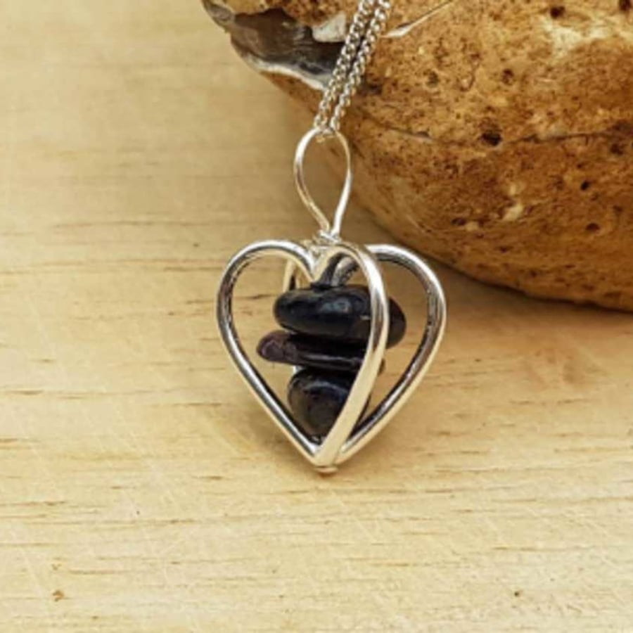 Small Sapphire heart necklace. September birthstone pendant. Sterling silver