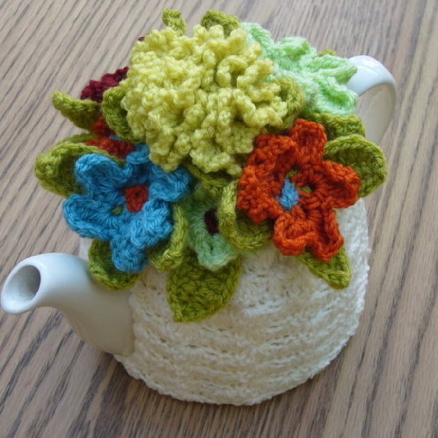 4-6 Cup Crochet Tea Cosy Cosie Cozy - Cream with flowers (Made to order)