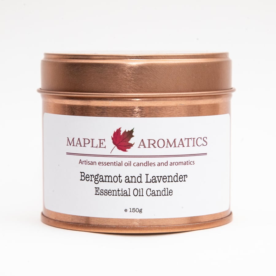 Maple Aromatics Bergamot and Lavender Soy Wax Rose Gold 150g Candle Tin