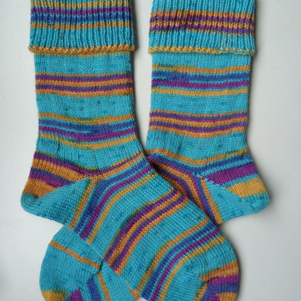 Knitted Ribbed Wool Socks Size 6 to 7 Mismatched Turnover Tops