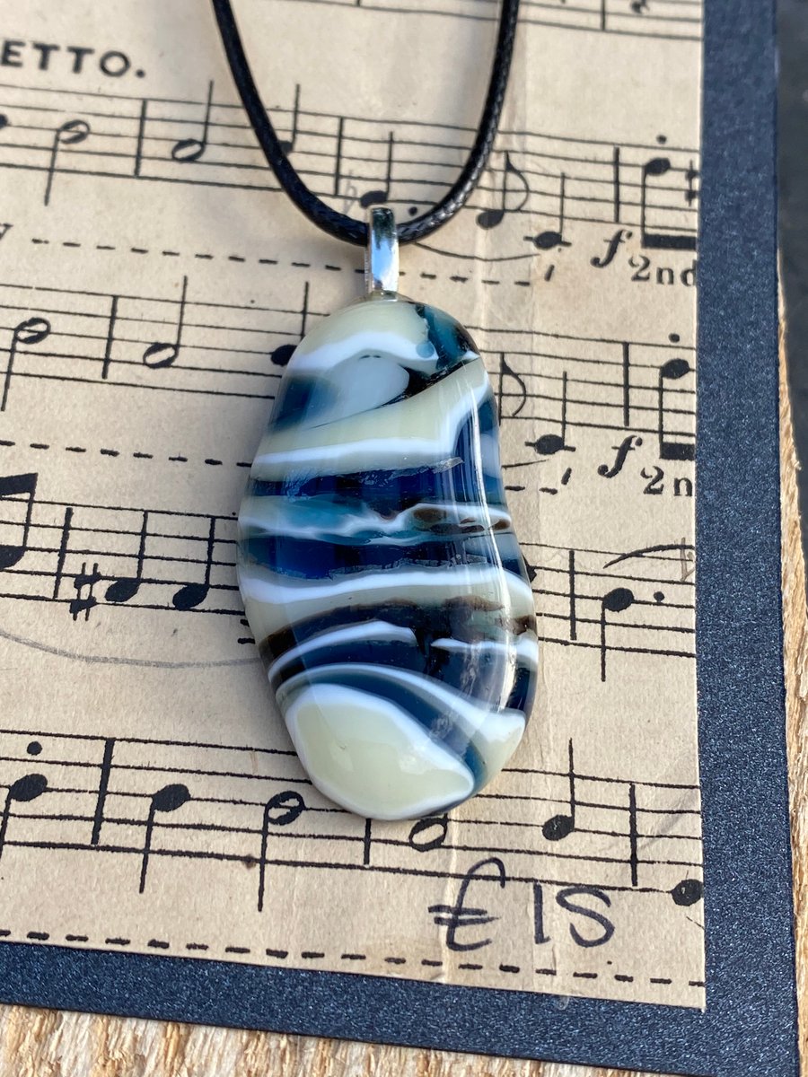 Blue and Cream Fused Glass Puddle Pendant