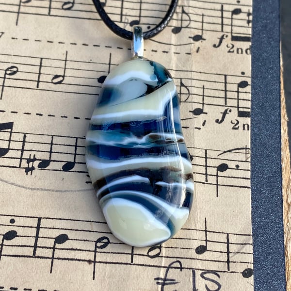 Blue and Cream Fused Glass Puddle Pendant