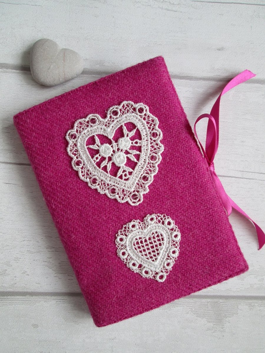 A6 'Harris Tweed®' Reusable Notebook Cover - Valentine Pink with Lace Hearts