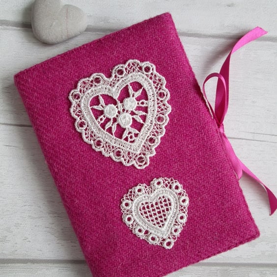 A6 'Harris Tweed®' Reusable Notebook Cover - Valentine Pink with Lace Hearts