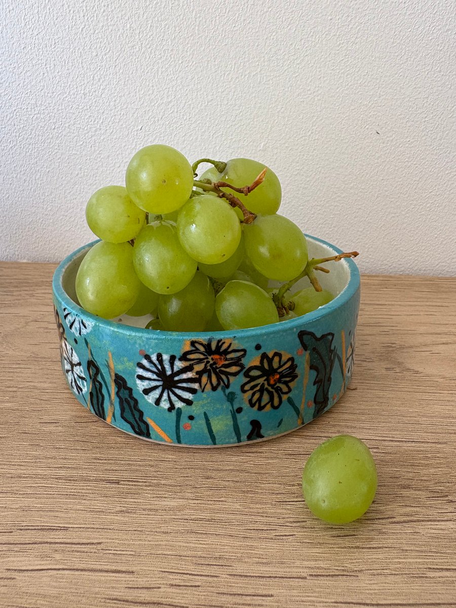 TURQUOISE WILDFLOWER CERAMIC STONEWARE BOWL