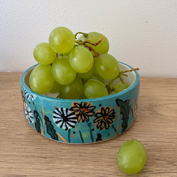 TURQUOISE WILDFLOWER CERAMIC STONEWARE BOWL