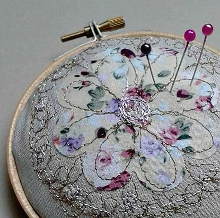 4 inch Embroidery Hoop Pin Cushion with Free Machine Embroidery
