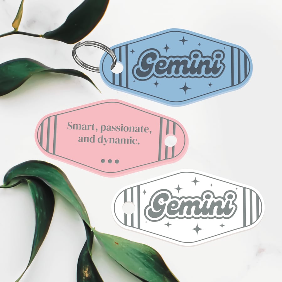 Retro Star Sign - Gemini Keyring: Motel-Style Zodiac Keychain Birthday Gift