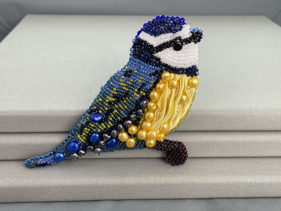 Beaded Bird Brooch Eurasian Blue Tit Pin