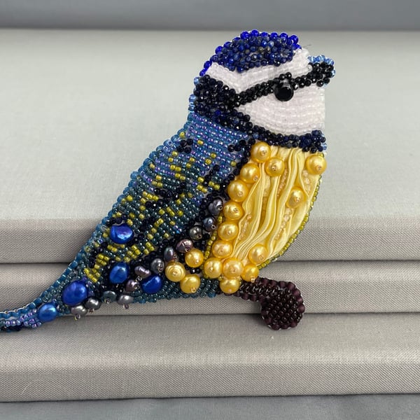 Beaded Bird Brooch Eurasian Blue Tit Pin