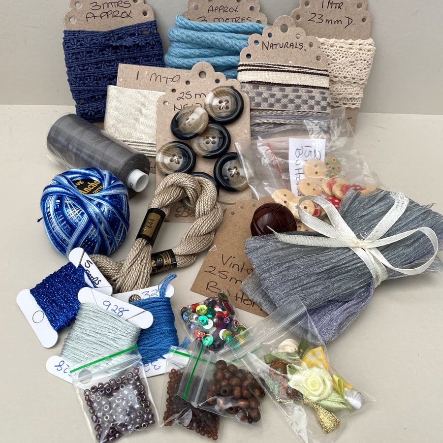 Mixed haberdashery box, sewing supplies, buttons, beads, trims, threads