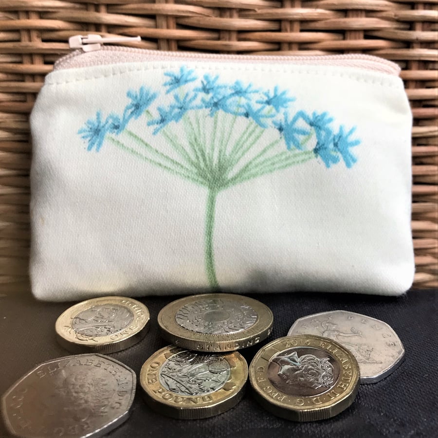 Small purse, coin purse in pale yellow with turquoise flower spray