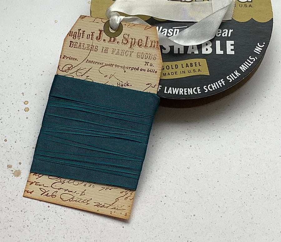 VINTAGE -STYLE ribbon . 4 yds. ( silky, seam binding ). 'Peacock' 