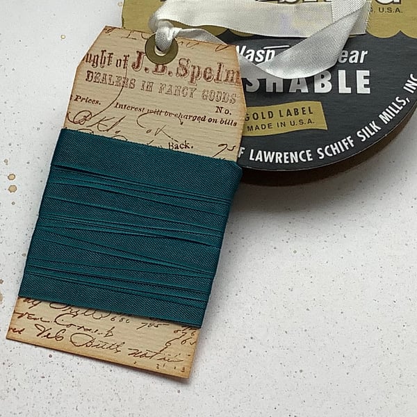 VINTAGE -STYLE ribbon . 4 yds. ( silky, seam binding ). 'Peacock' 