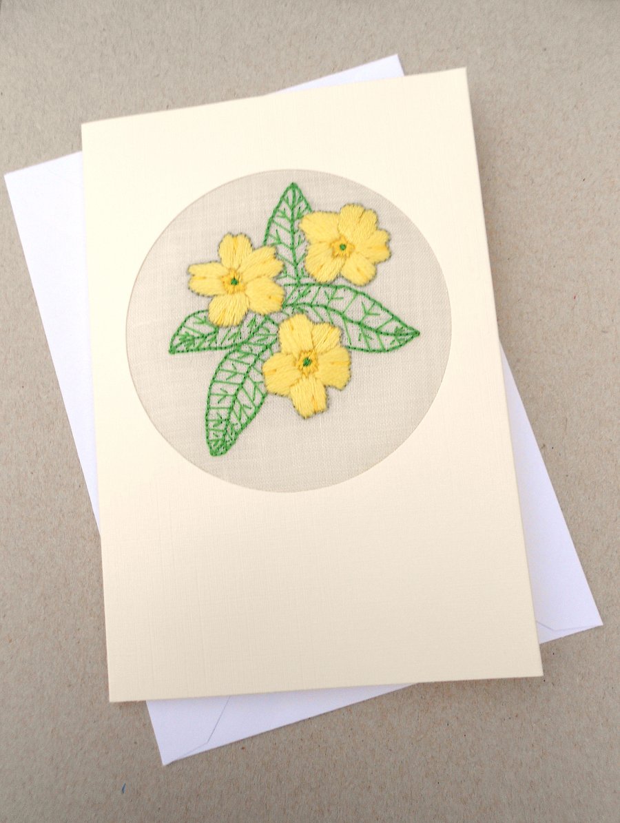 Embroidered Primrose Card. For February Birthday. Mothers Day. Easter!