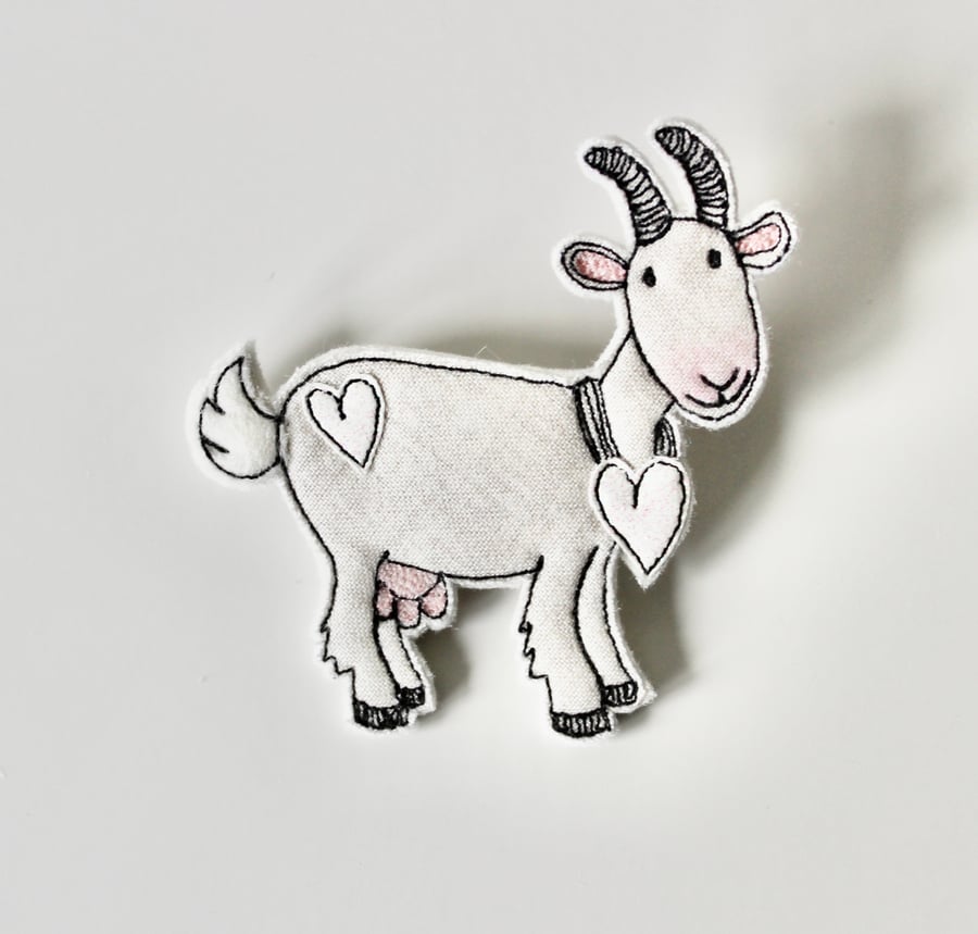 'Happy Goat with Hearts' - Handmade Brooch