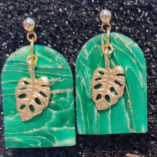 Green marble arch monstera earrings