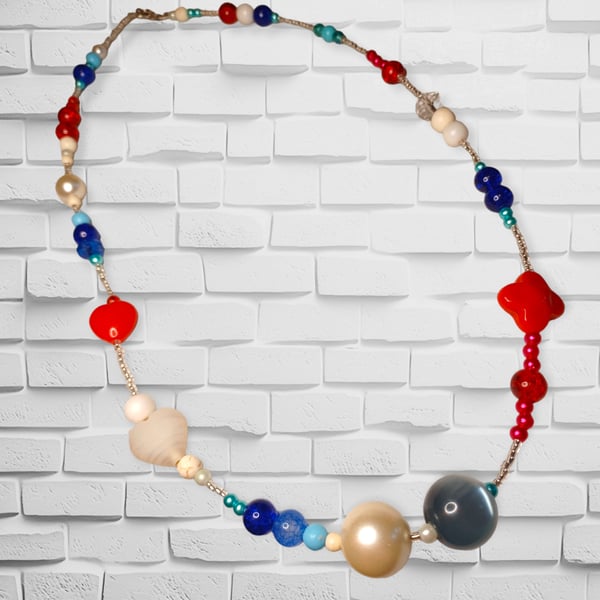 Handmade Funky Necklace Red - white - blue