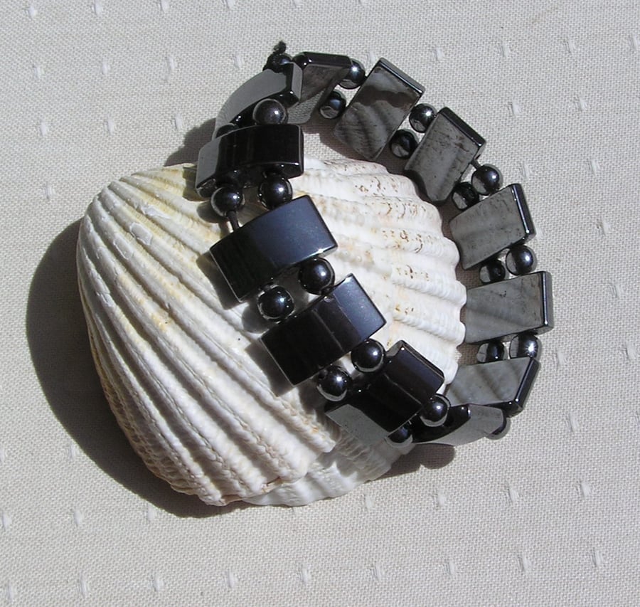 Black Hematite Elasticated Stretchy Cuff Gemstone Bracelet "Energy"
