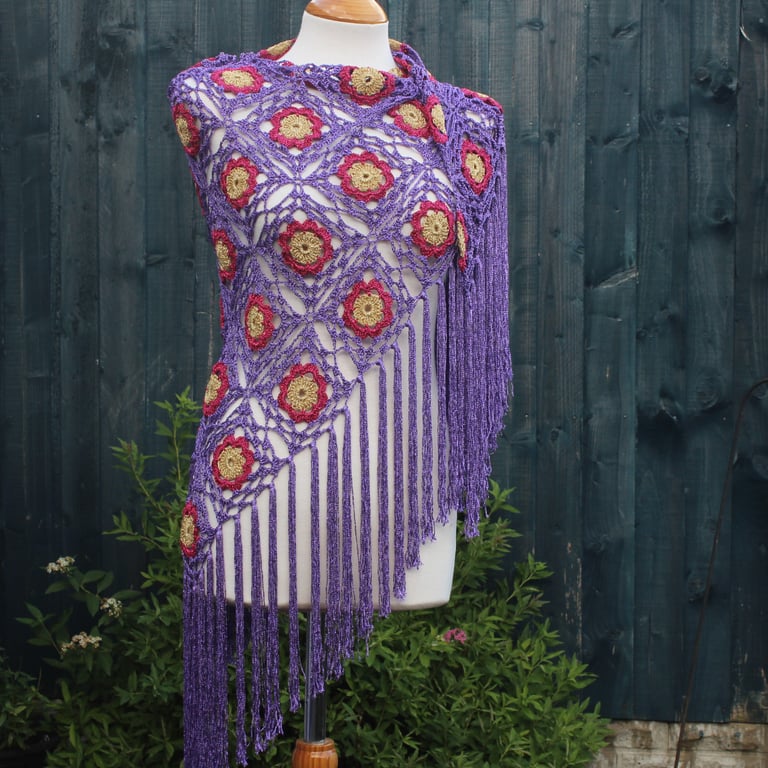 Crochet triangular shawl in sparkly gold, cerise & purple - design LF433